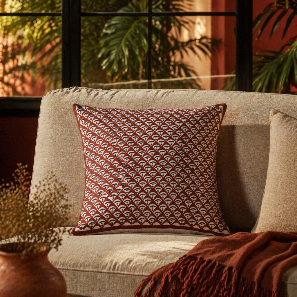 Geometric Maroon Hand Block-Printed Cotton Cushion Cover, The Living Room. Handmade in India by House of Taraasha.