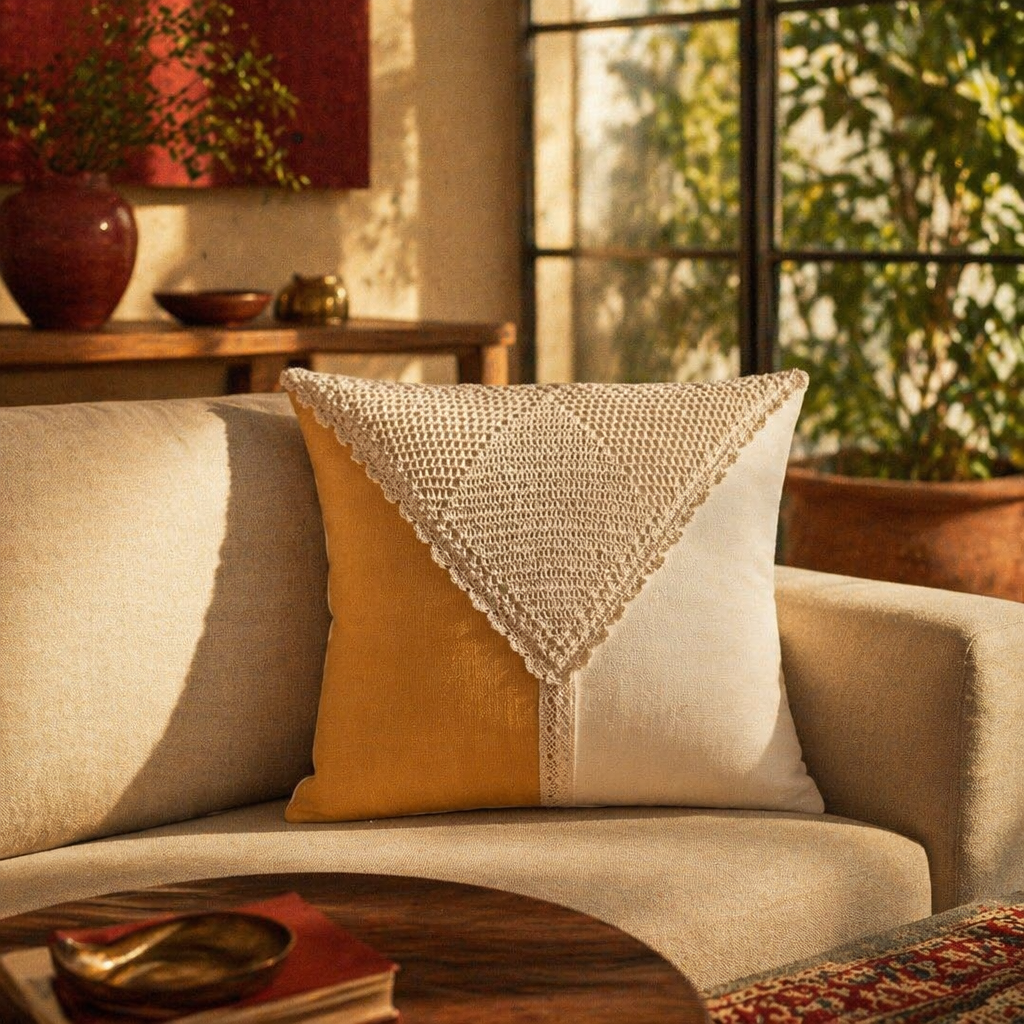 Crochet-Flap Mustard and Off-White Square Cushion Cover, The Living Room. Handmade in India by House of Taraasha.