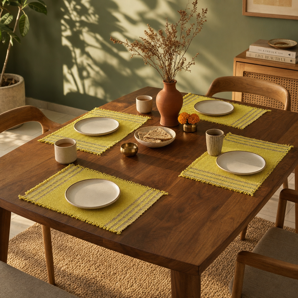 Madur Grass Woven Table Mats Lemon Yellow in a modern home