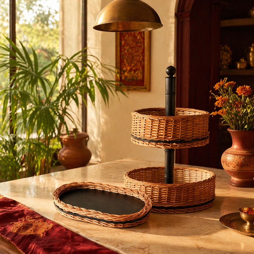 Kashmiri Willow Wicker Fruit Basket & Serving Tray, The Brass Atelier. Handmade in India by House of Taraasha.