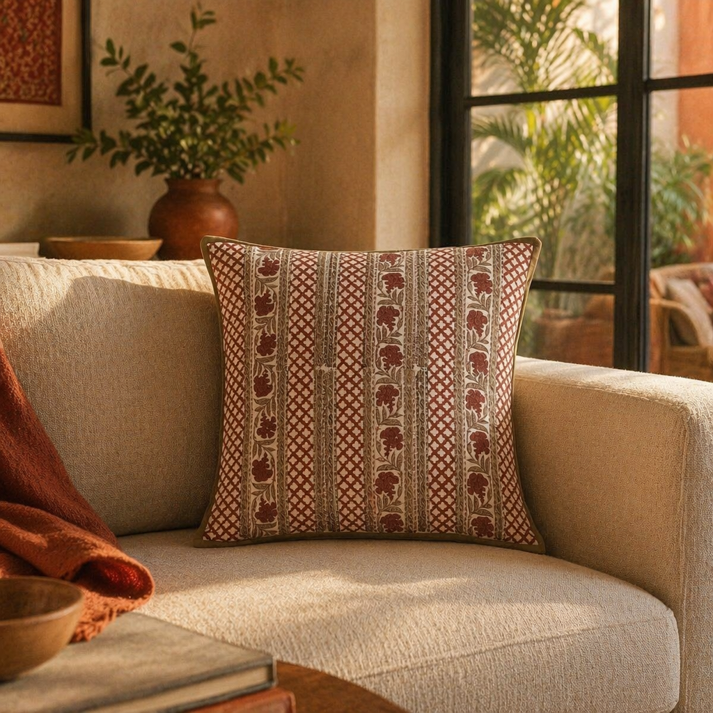 Ivory and Rust Hand Block-Printed Floral Cushion Cover. Handmade in India by House of Taraasha.
