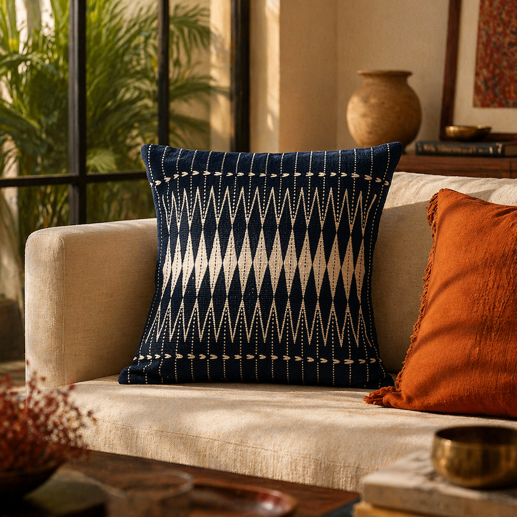 Naga Indigo Backstrap-Loom Woven Tribal Cushion Cover, The Living Room. Handmade in India by House of Taraasha.