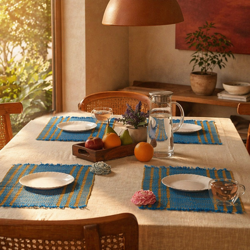 Cobalt Blue Handwoven Grass Table Mat, The Gathered Table. Handmade in India by House of Taraasha.