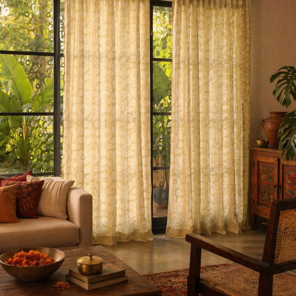Pear Green Karhuwa Cutwork Door Curtain, The Draped Window. Handmade in India by House of Taraasha.