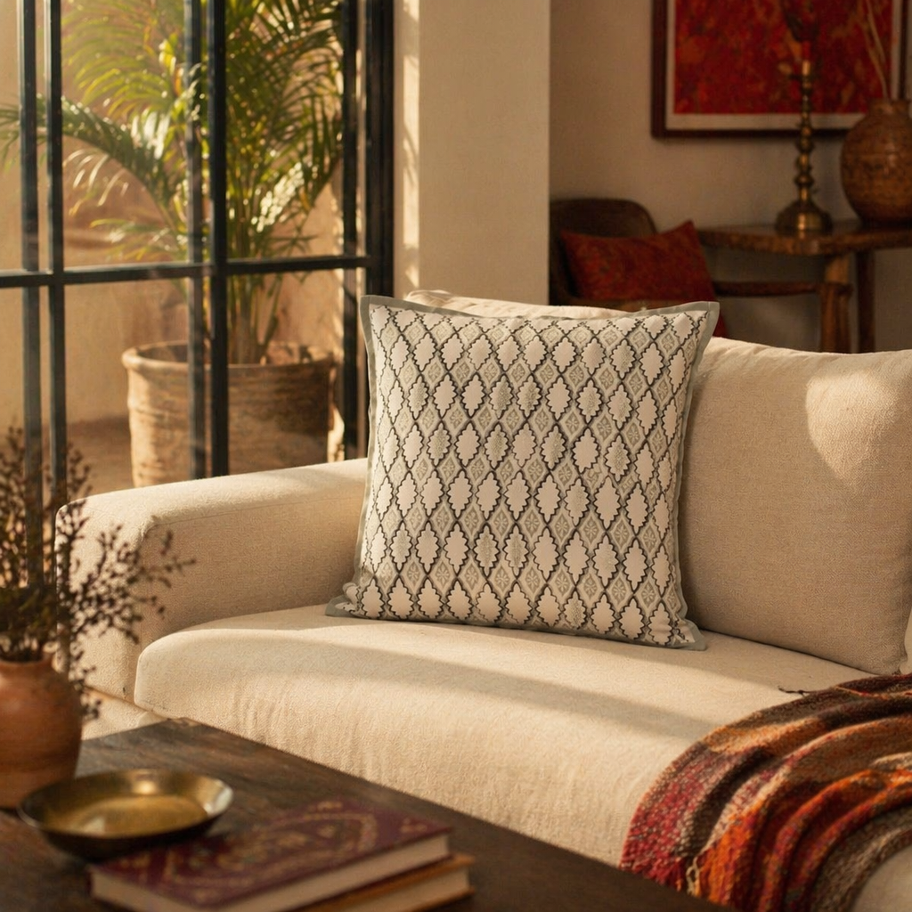 Aqua Geometric Hand Block-Printed Cotton Cushion Cover, The Living Room. Handmade in India by House of Taraasha.