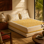 Mustard & Off-White Marigold Motif Bedsheet, The Linen Room. Handmade in India by House of Taraasha.