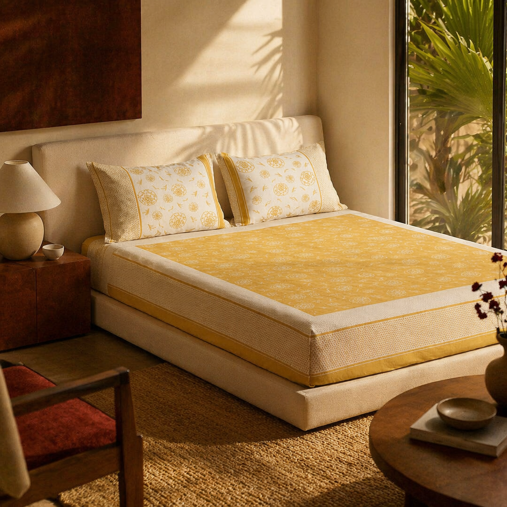 Mustard & Off-White Marigold Motif Bedsheet, The Linen Room. Handmade in India by House of Taraasha.