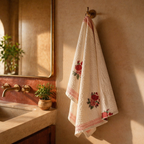 Rose Print Off White Hand Block-Printed Towel Set, The Linen Room. Handmade in India by House of Taraasha.