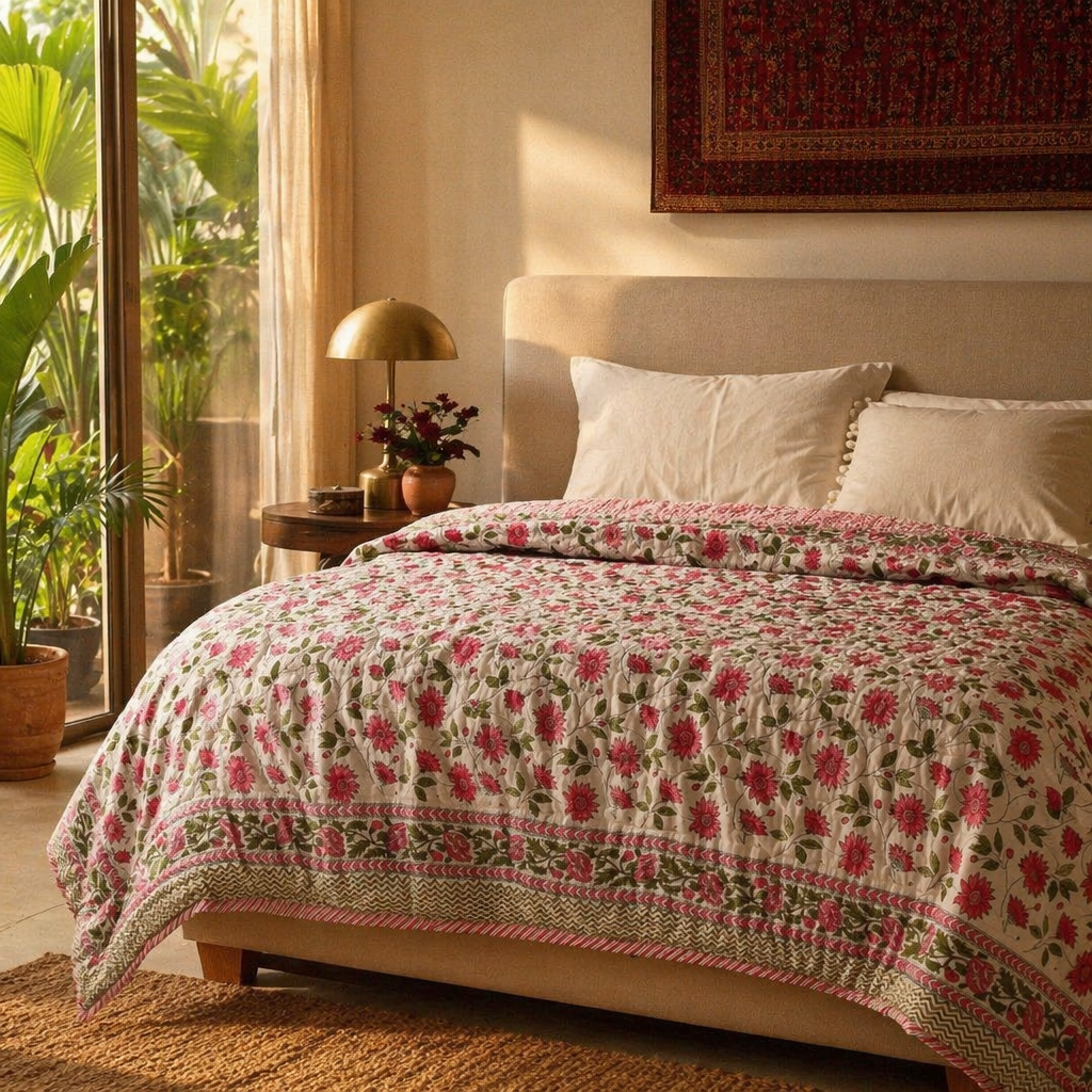 Dahlia Pink and White Jaipuri Razai, The Linen Room. Handmade in India by House of Taraasha.