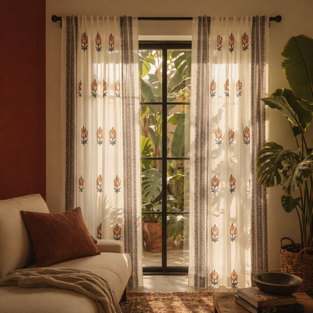 Sheer Blue and Dusty Pink Mulmul Curtain, The Draped Window. Handmade in India by House of Taraasha.