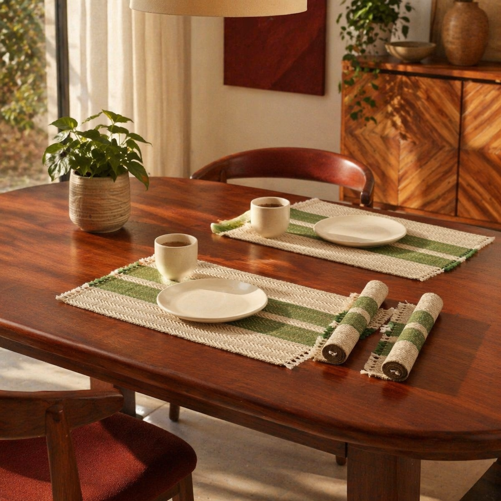 Olive Green & Off-White Madur Grass Table Mat, The Gathered Table. Handmade in India by House of Taraasha.