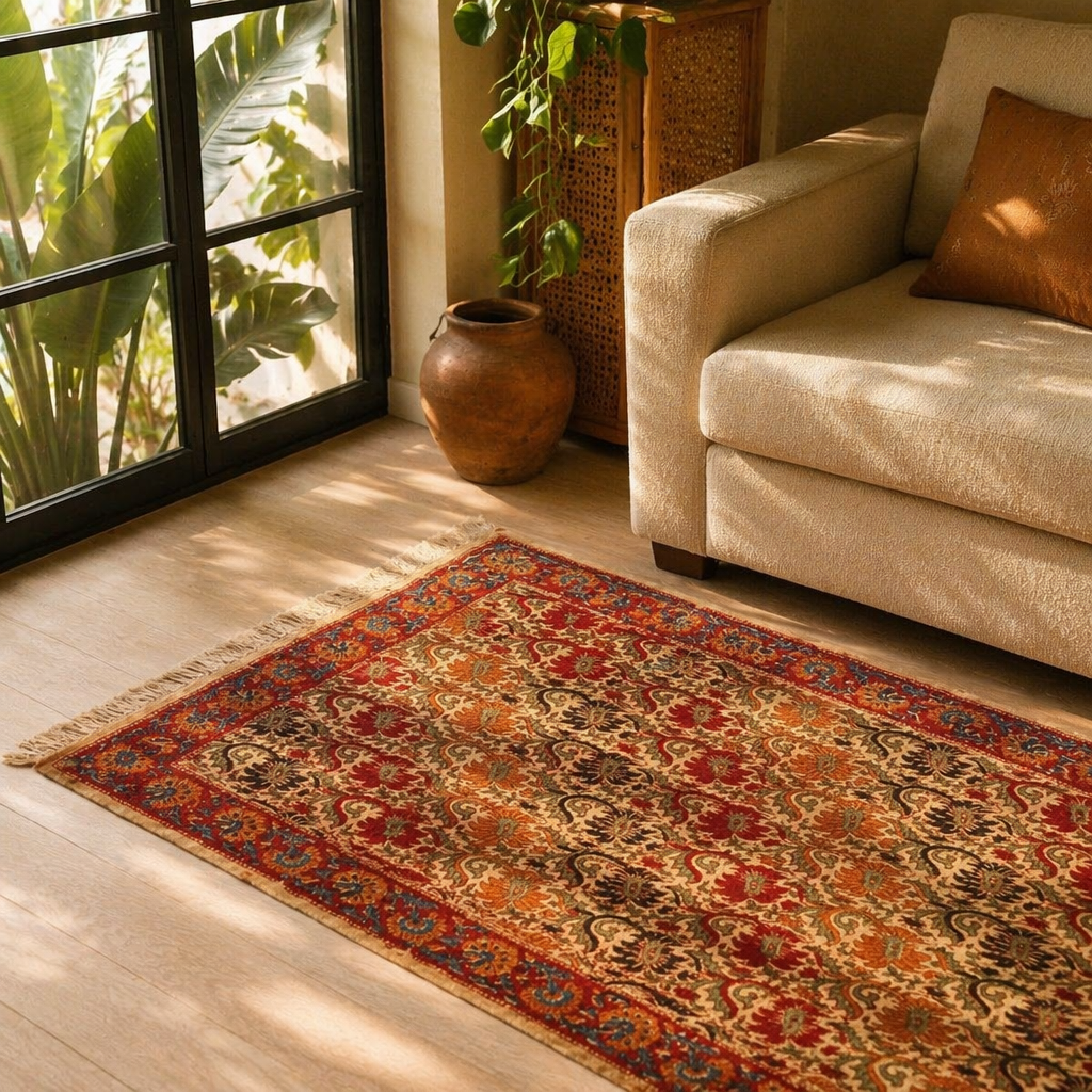 Kalamkari Earth Tones Floral Block-Printed Cotton Rug, The Woven Floor. Handmade in India by House of Taraasha.