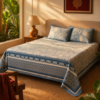 Marigold Ivory and Navy Bedsheet, The Linen Room. Handmade in India by House of Taraasha.