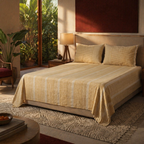 Beige & White Textured Hand-Printed Bedsheet, The Linen Room. Handmade in India by House of Taraasha.