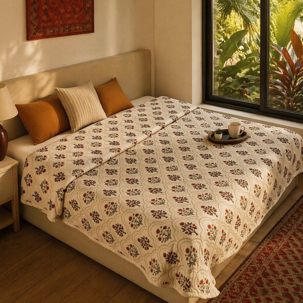 Ornate Florals Rust and Maroon Reversible Quilt, The Linen Room. Handmade in India by House of Taraasha.