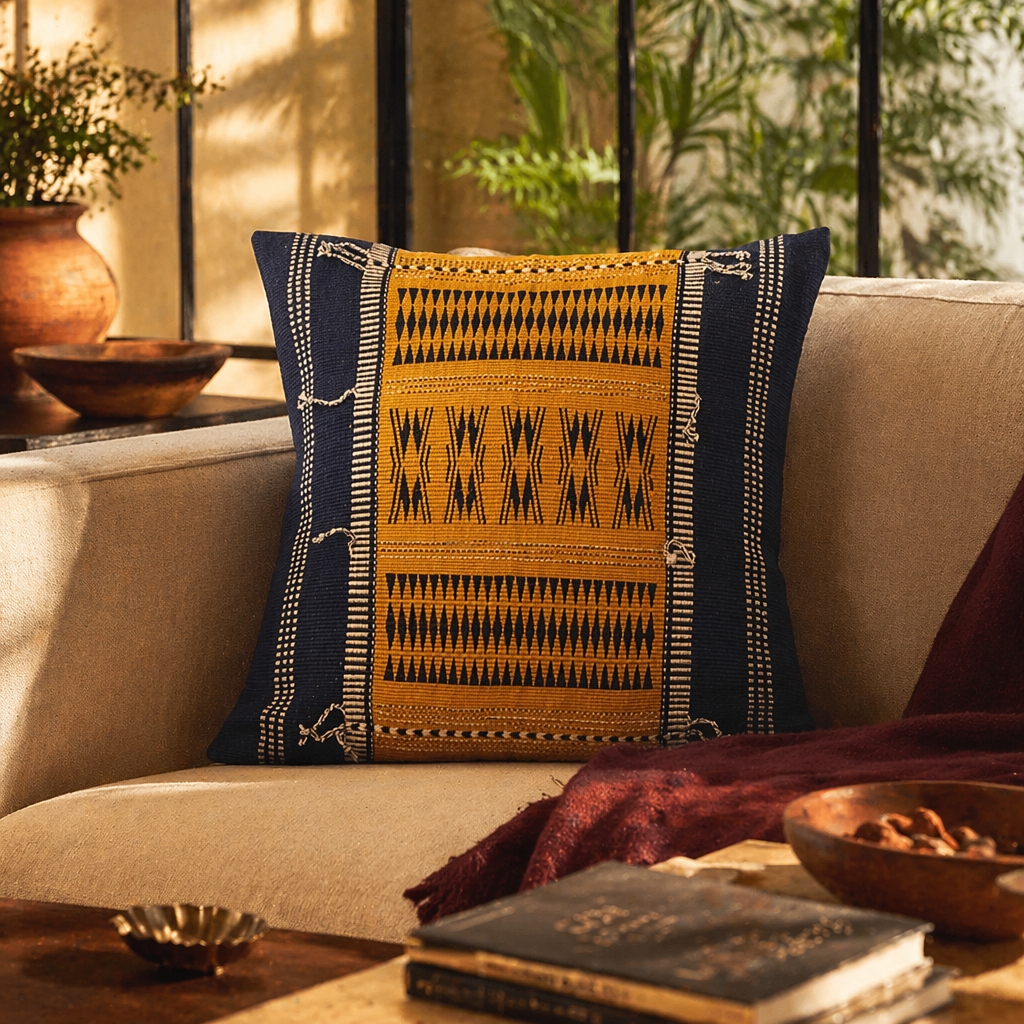Naga Tribal Backstrap-Woven Mustard and Black Cushion Cover, The Living Room. Handmade in India by House of Taraasha.