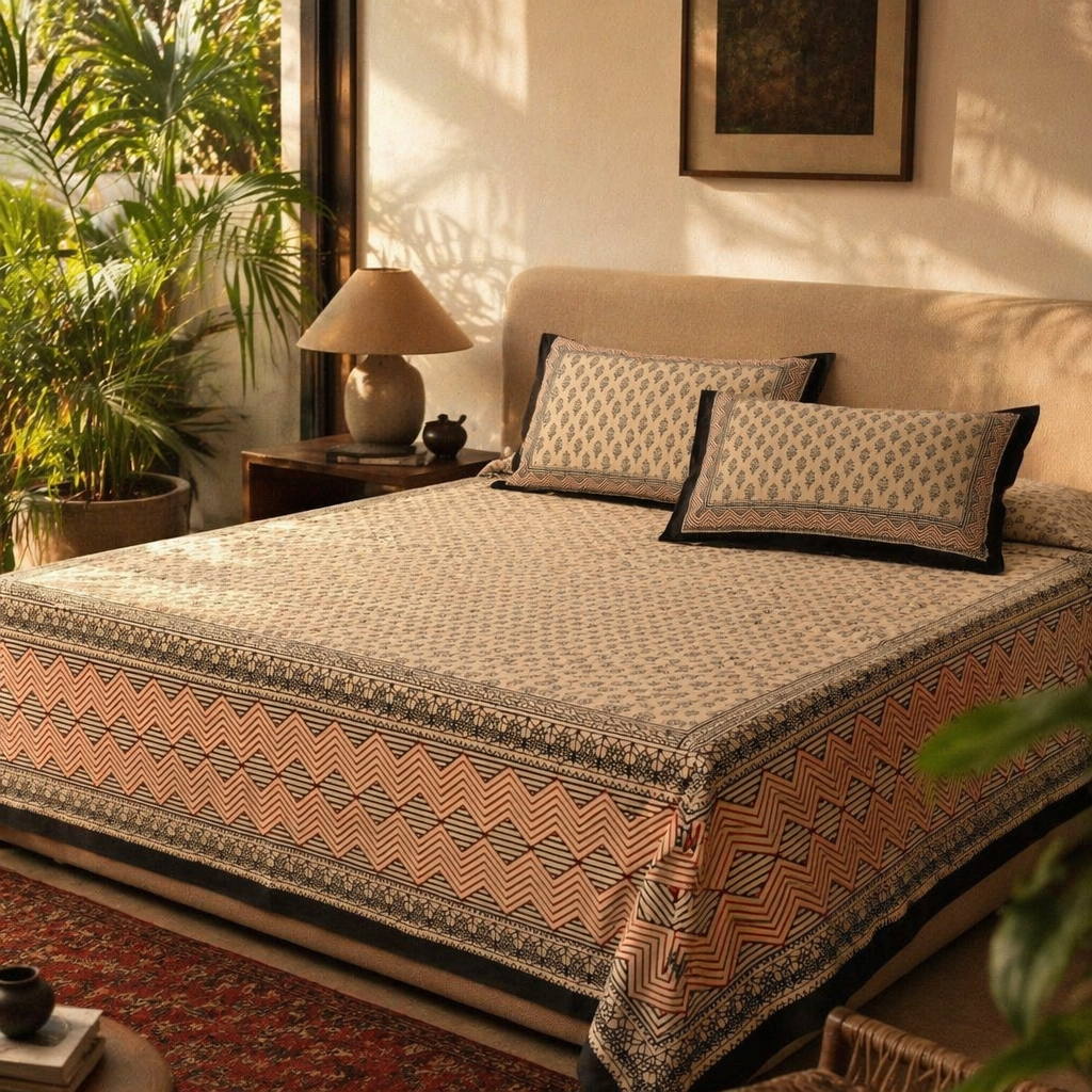 Bagru Floral Cotton Bedsheet with Pillow Covers, The Linen Room. Handmade in India by House of Taraasha.