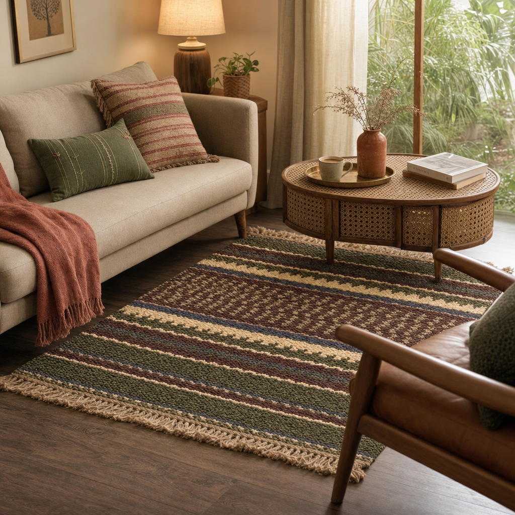 Punja-Woven Geometric Green Jute and Wool Rug in a modern home