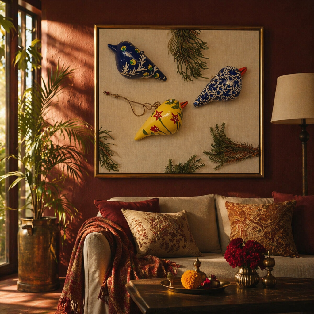 Kashmir Papier-Mâché Doves Hand-Painted Trio, The Art Wall. Handmade in India by House of Taraasha.