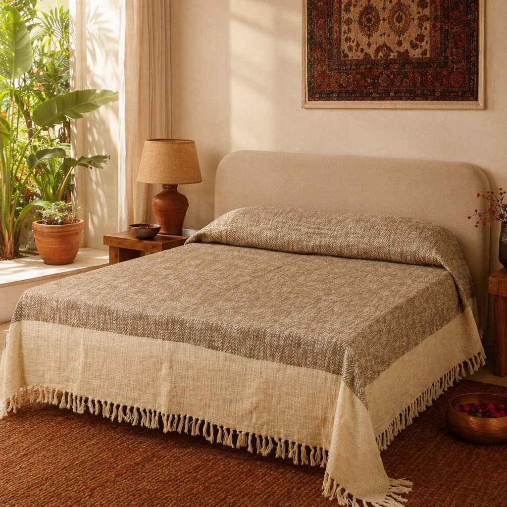 Earthy Brown Handwoven Cotton Bed Cover, The Linen Room. Handmade in India by House of Taraasha.