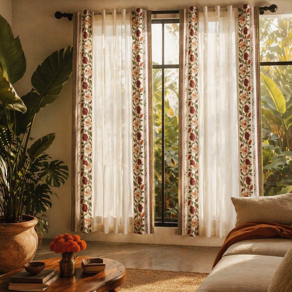 Floral Border Block-Print Sheer Door Curtain, The Draped Window. Handmade in India by House of Taraasha.
