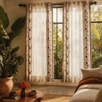 Floral Border Block-Print Sheer Door Curtain, The Draped Window. Handmade in India by House of Taraasha.