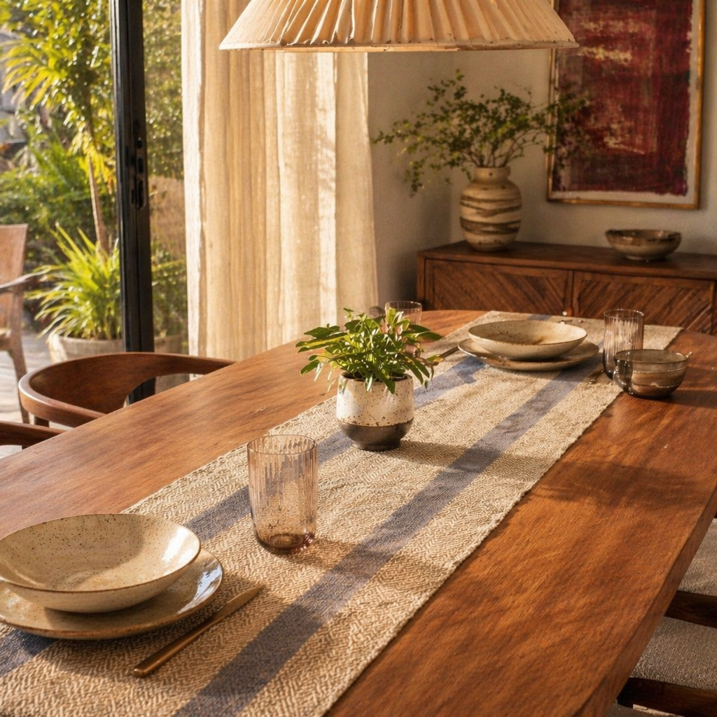 Madur Blue Handwoven Grass Table Runner, The Gathered Table. Handmade in India by House of Taraasha.