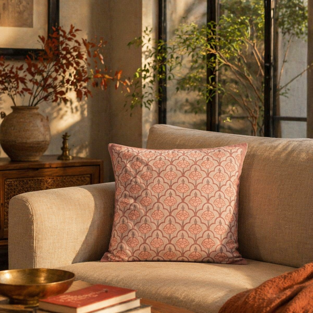 Jaali Dusty Pink Hand-Printed Cushion Cover, The Living Room. Handmade in India by House of Taraasha.