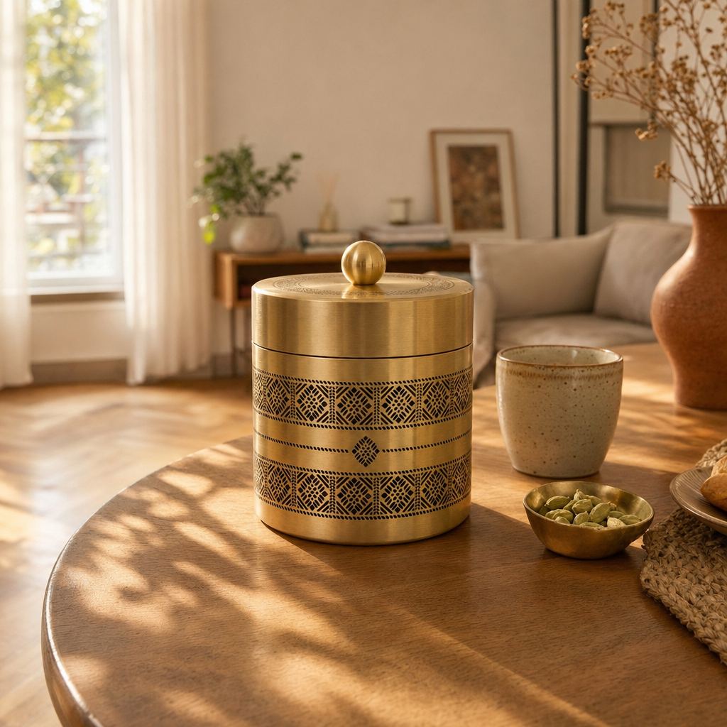 Kanjeevaram Etched Pure Brass Kitchen Storage Jar in a modern home