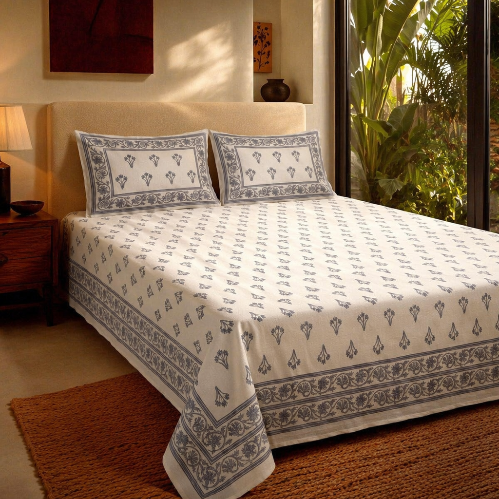 Off-White & Blue Hand-Printed Floral Bedsheet, The Linen Room. Handmade in India by House of Taraasha.