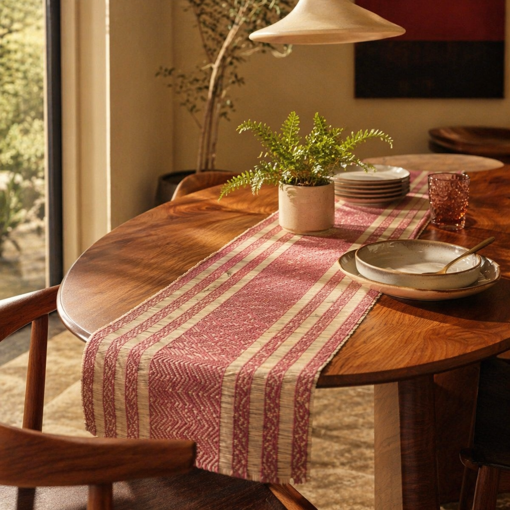 Madur Grass Woven Runner Blush Pink and Beige, The Gathered Table. Handmade in India by House of Taraasha.