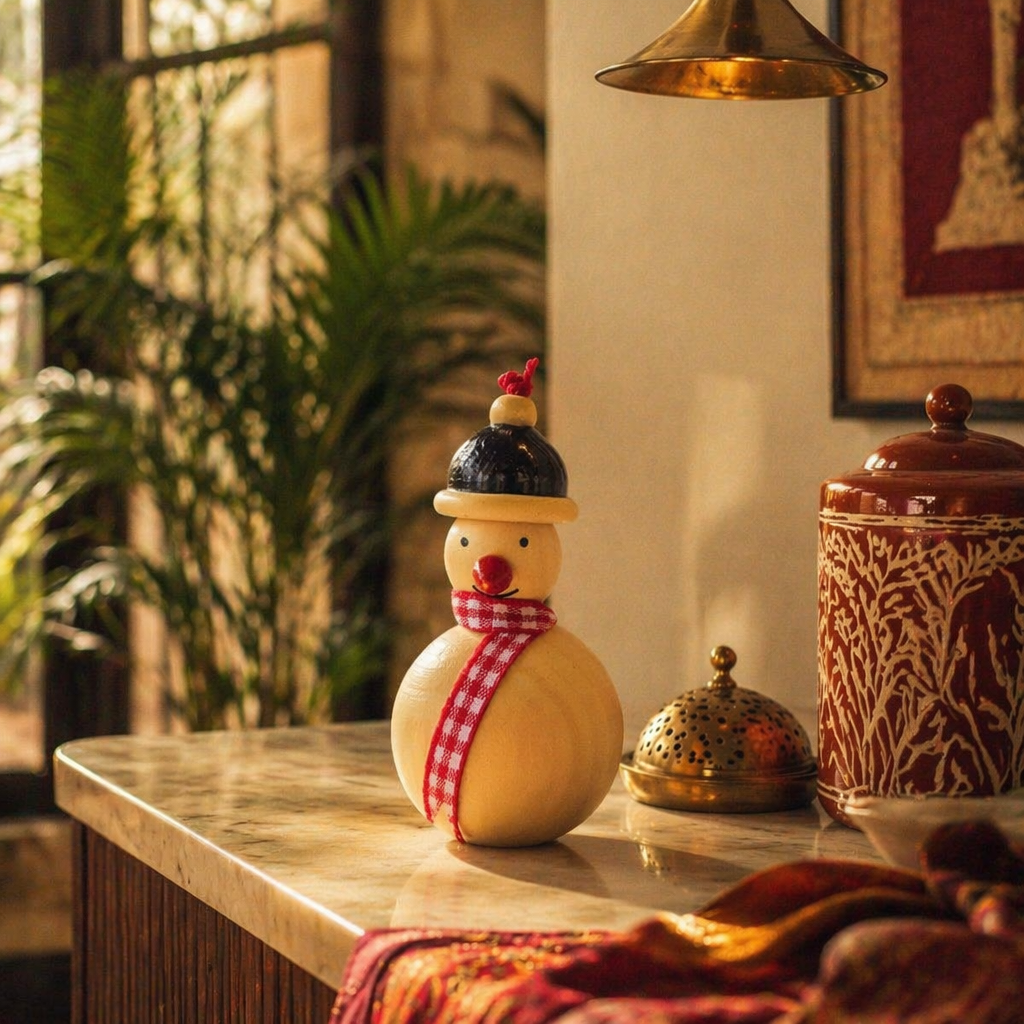 Channapatna Lacquered Snowman Ornaments Natural Dye Pair, Still Light. Handmade in India by House of Taraasha.