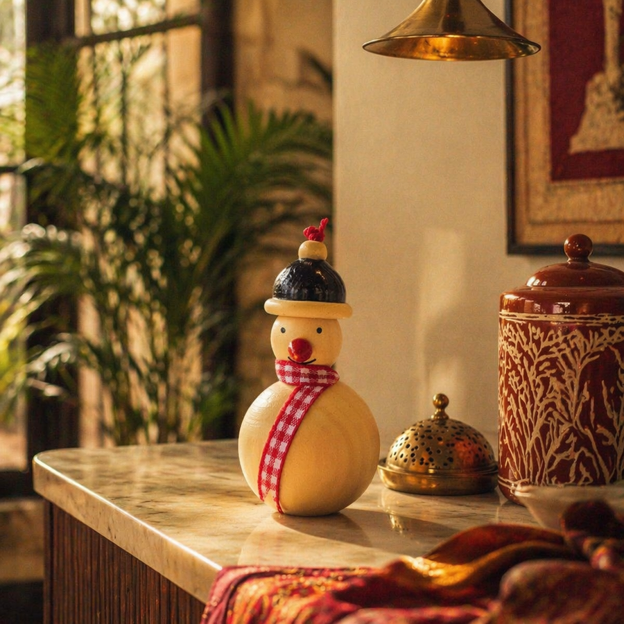 Channapatna Lacquered Snowman Ornaments Natural Dye Pair, Still Light. Handmade in India by House of Taraasha.