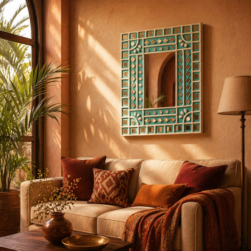 Turquoise Lippan Mirror Kutch Mud and Glass, The Art Wall. Handmade in India by House of Taraasha.