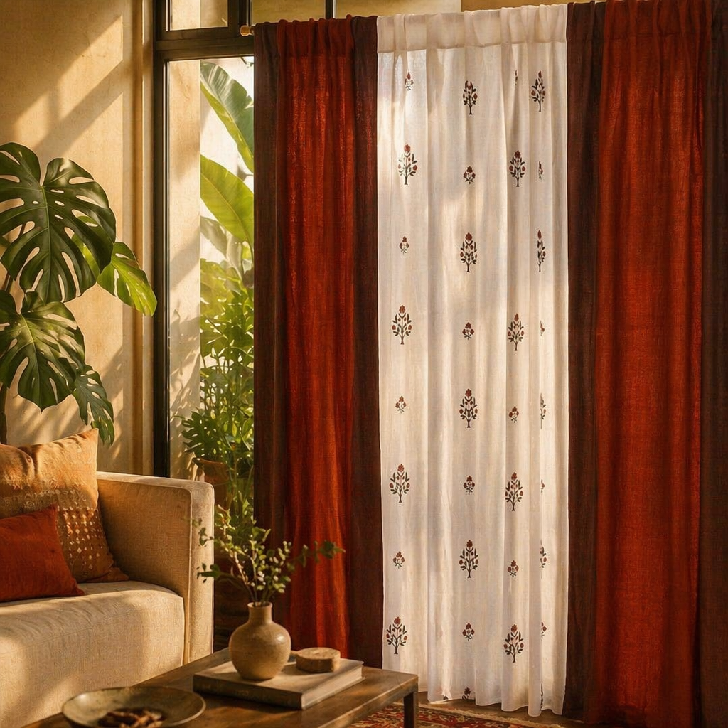 Handwoven & Mulmul Sheer Blue and Dusty Pink Curtain Set, The Draped Window. Handmade in India by House of Taraasha.