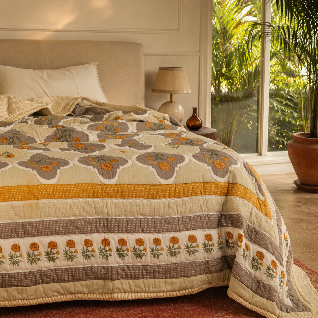 Marigold Jaali Ivory and Taupe Cotton Quilt, The Linen Room. Handmade in India by House of Taraasha.