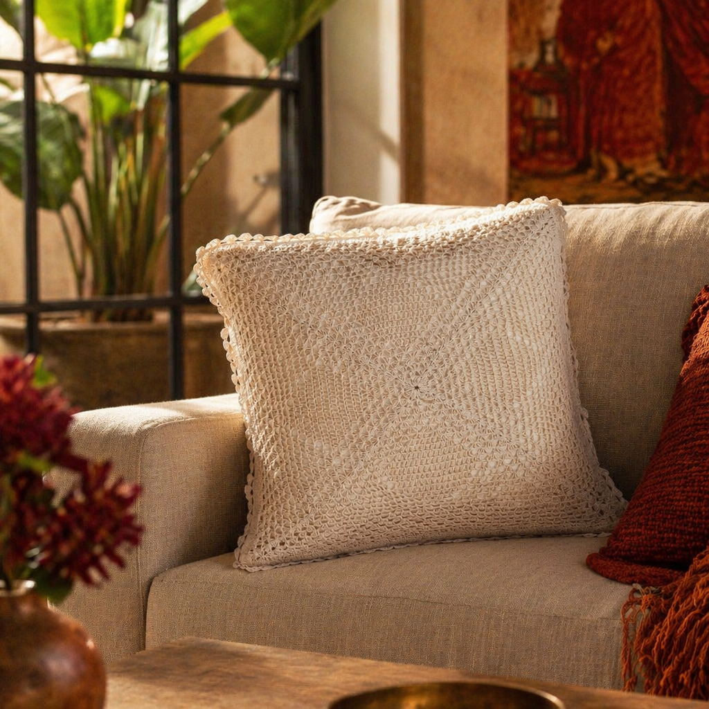 Quad Pattern White Hand-Crocheted Cushion Cover, The Living Room. Handmade in India by House of Taraasha.