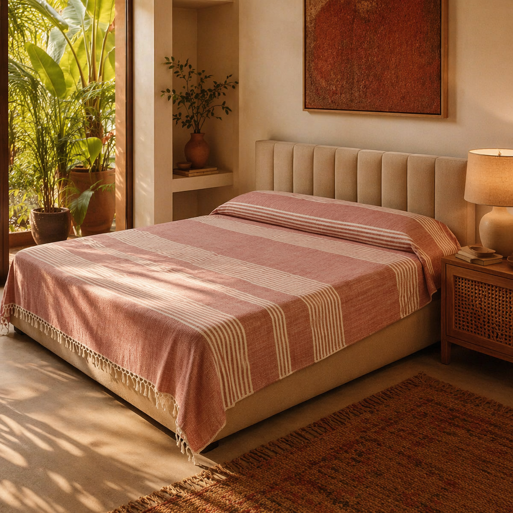 Royal Courtyards Pink Striped Handwoven Bed Cover, The Linen Room. Handmade in India by House of Taraasha.
