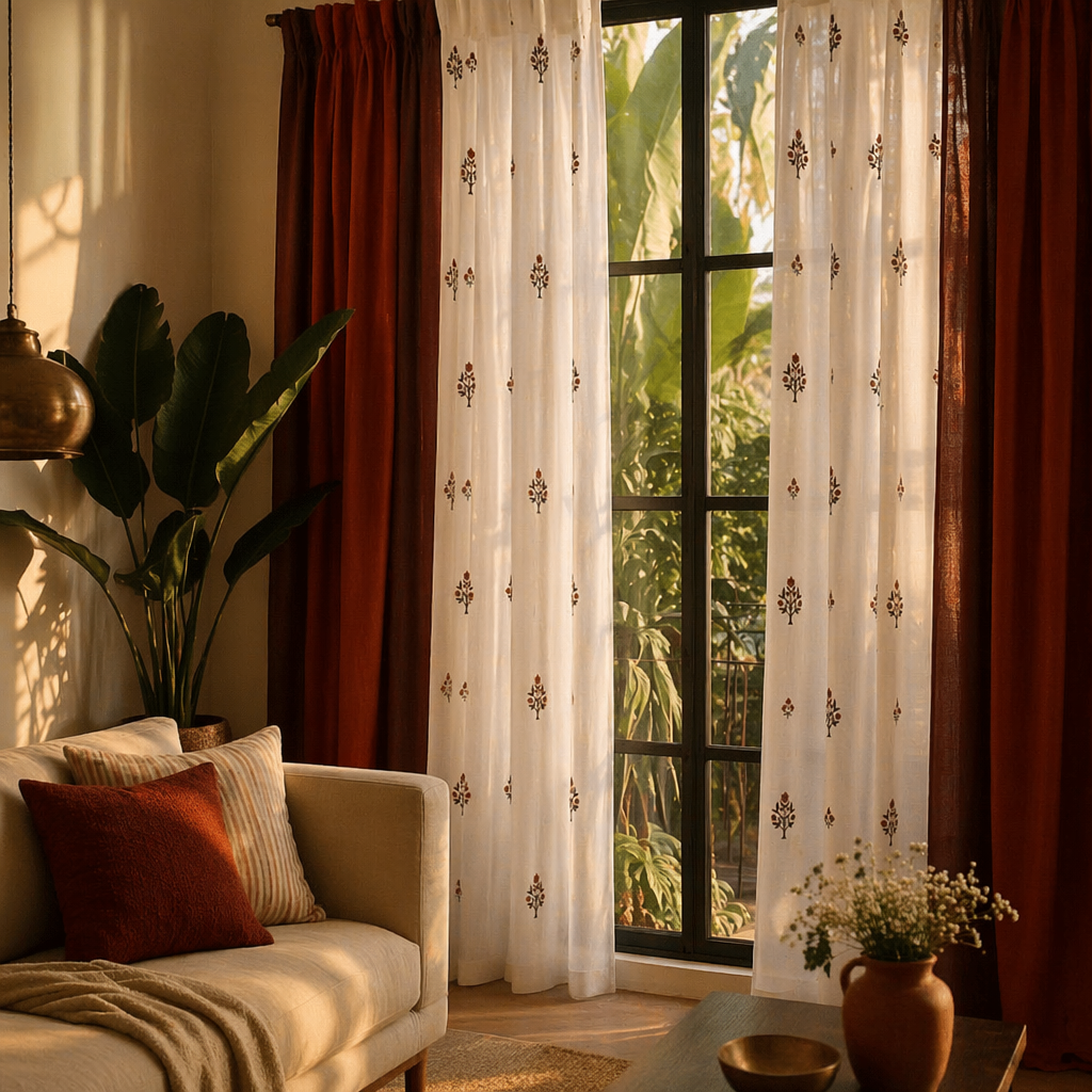 Royal Courtyards Blue & Dusty Pink Woven-Sheer Set of Four, The Draped Window. Handmade in India by House of Taraasha.