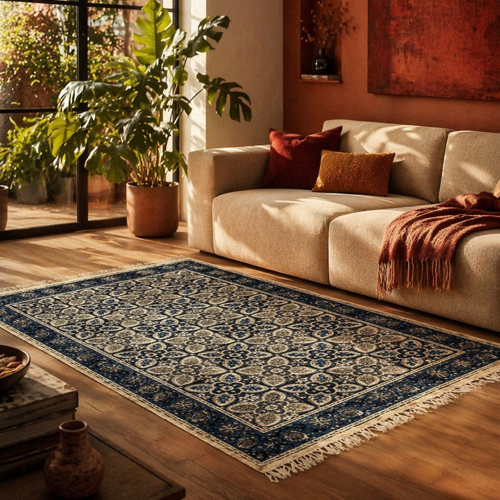 Kalamkari Indigo Hand Block-Printed Cotton Dhurrie, The Woven Floor. Handmade in India by House of Taraasha.