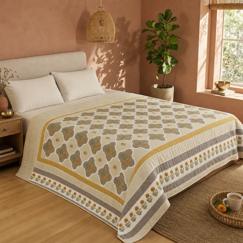 Marigold Jaali Ivory and Taupe Cotton Quilt in a modern home