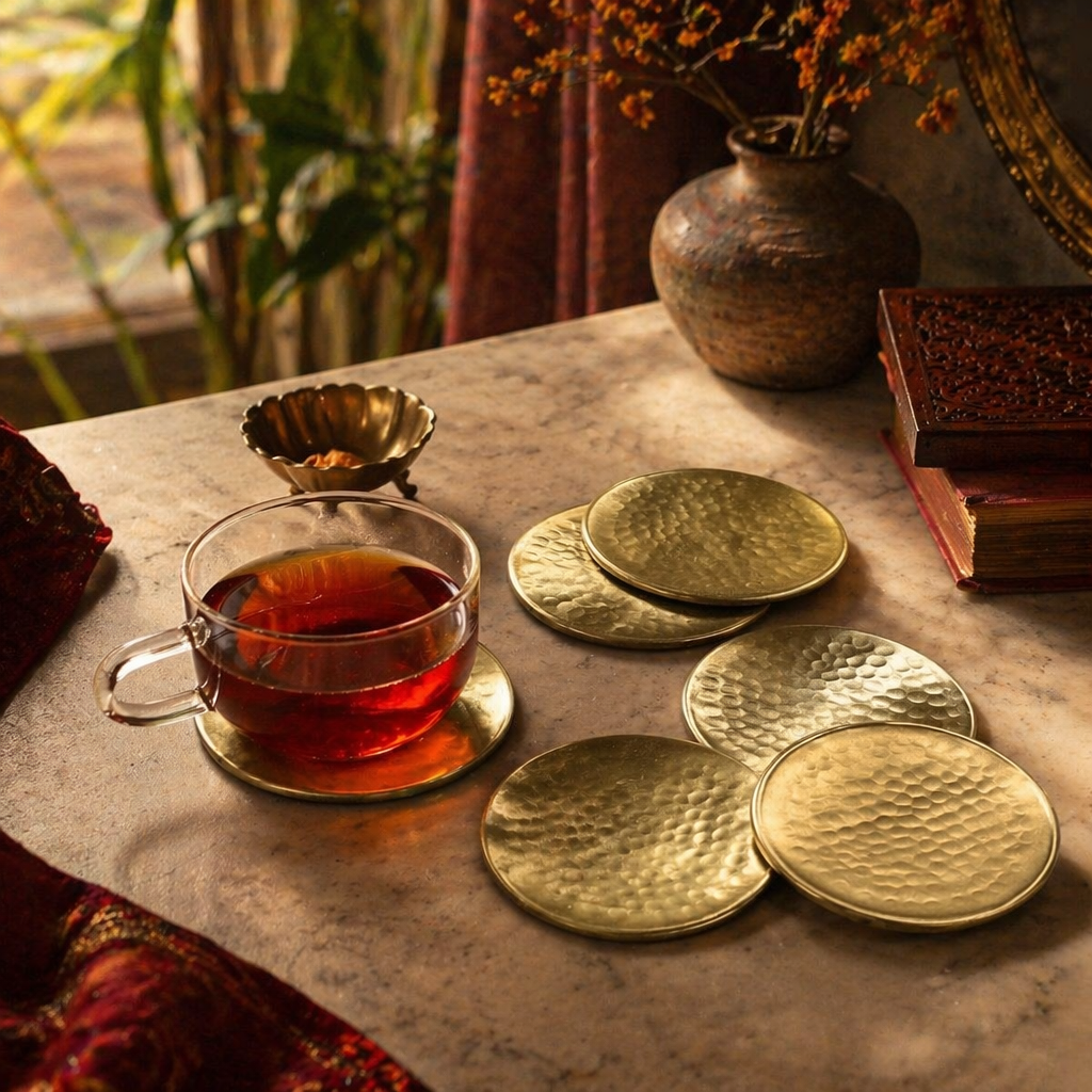 Moradabad Matt Hammered Brass Coasters, The Brass Atelier. Handmade in India by House of Taraasha.