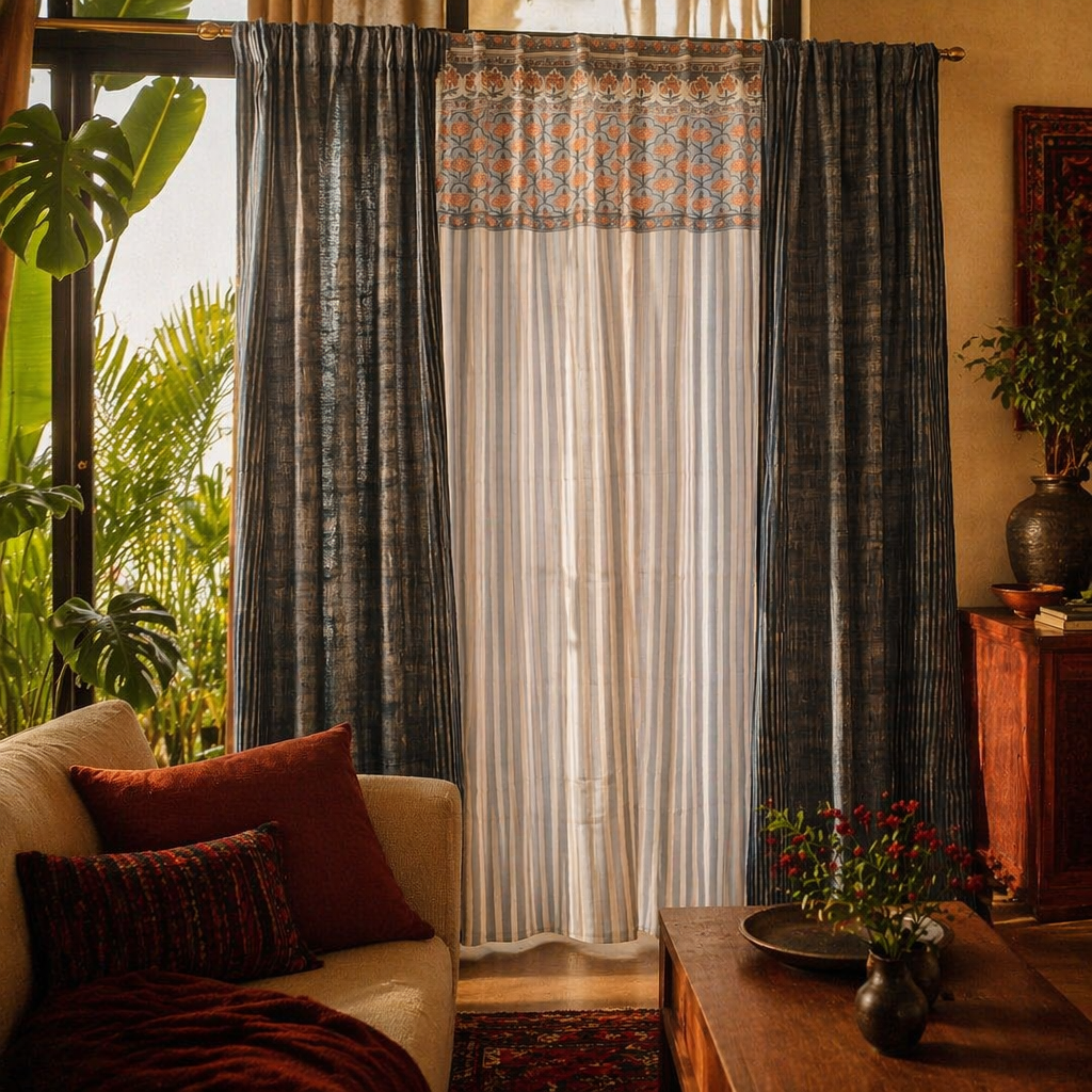 Handwoven & Printed Blue and Dusty Pink Cotton Curtains, The Draped Window. Handmade in India by House of Taraasha.