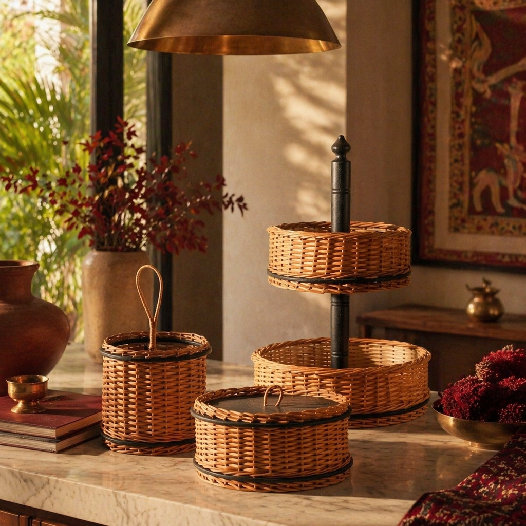 Kashmiri Willow Wicker Table Set: Basket, Box & Cutlery, The Wicker House. Handmade in India by House of Taraasha.
