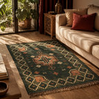 Green and Peach Punja-Woven Jute and Wool Floor Rug, The Woven Floor. Handmade in India by House of Taraasha.