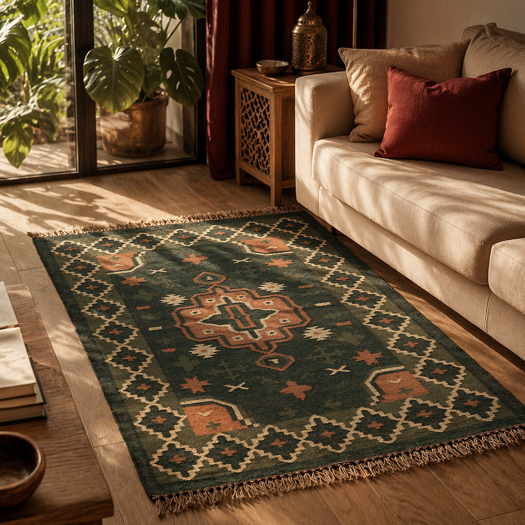 Green and Peach Punja-Woven Jute and Wool Floor Rug, The Woven Floor. Handmade in India by House of Taraasha.