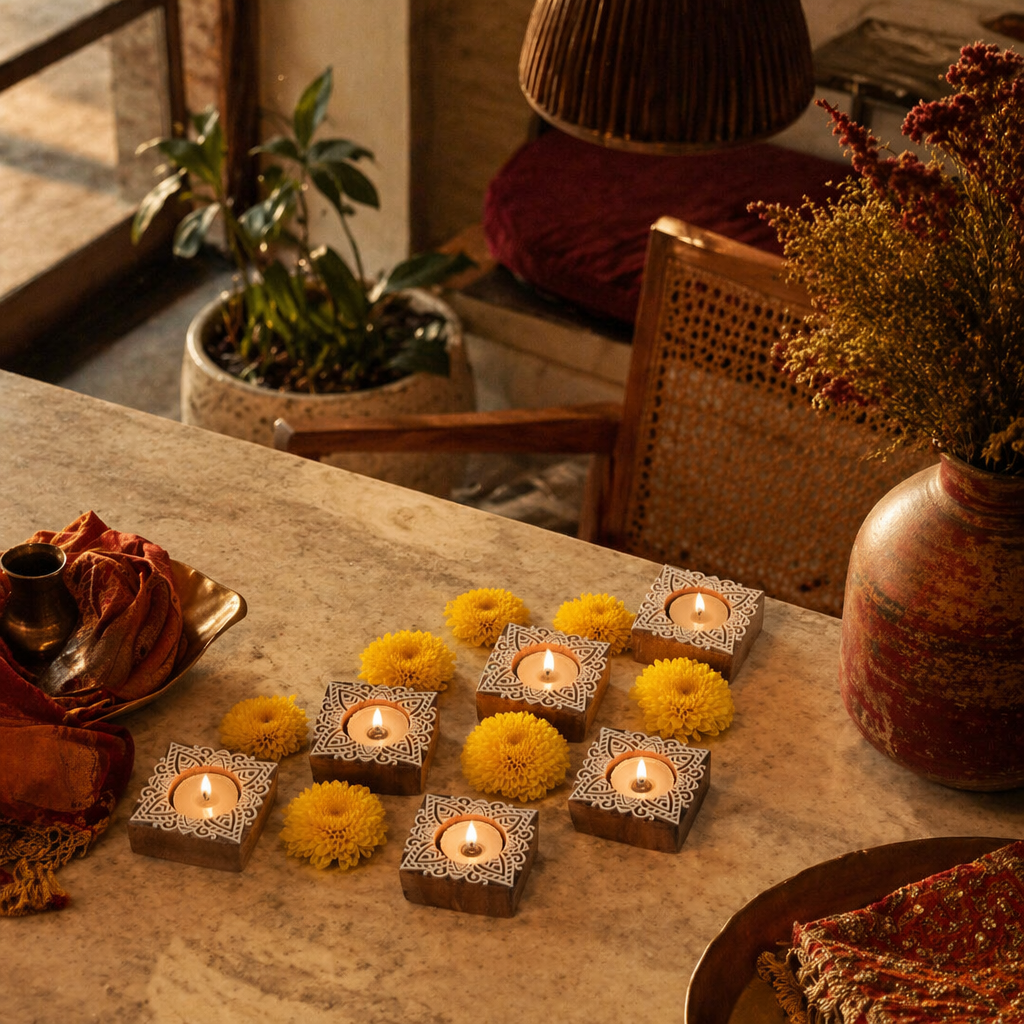 Carved Diya Hand-Engraved Wooden Tea Light Holders, Still Light. Handmade in India by House of Taraasha.