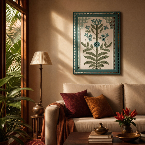 Aqua Blue Lippan Wall Hanging Floral Motif, The Art Wall. Handmade in India by House of Taraasha.