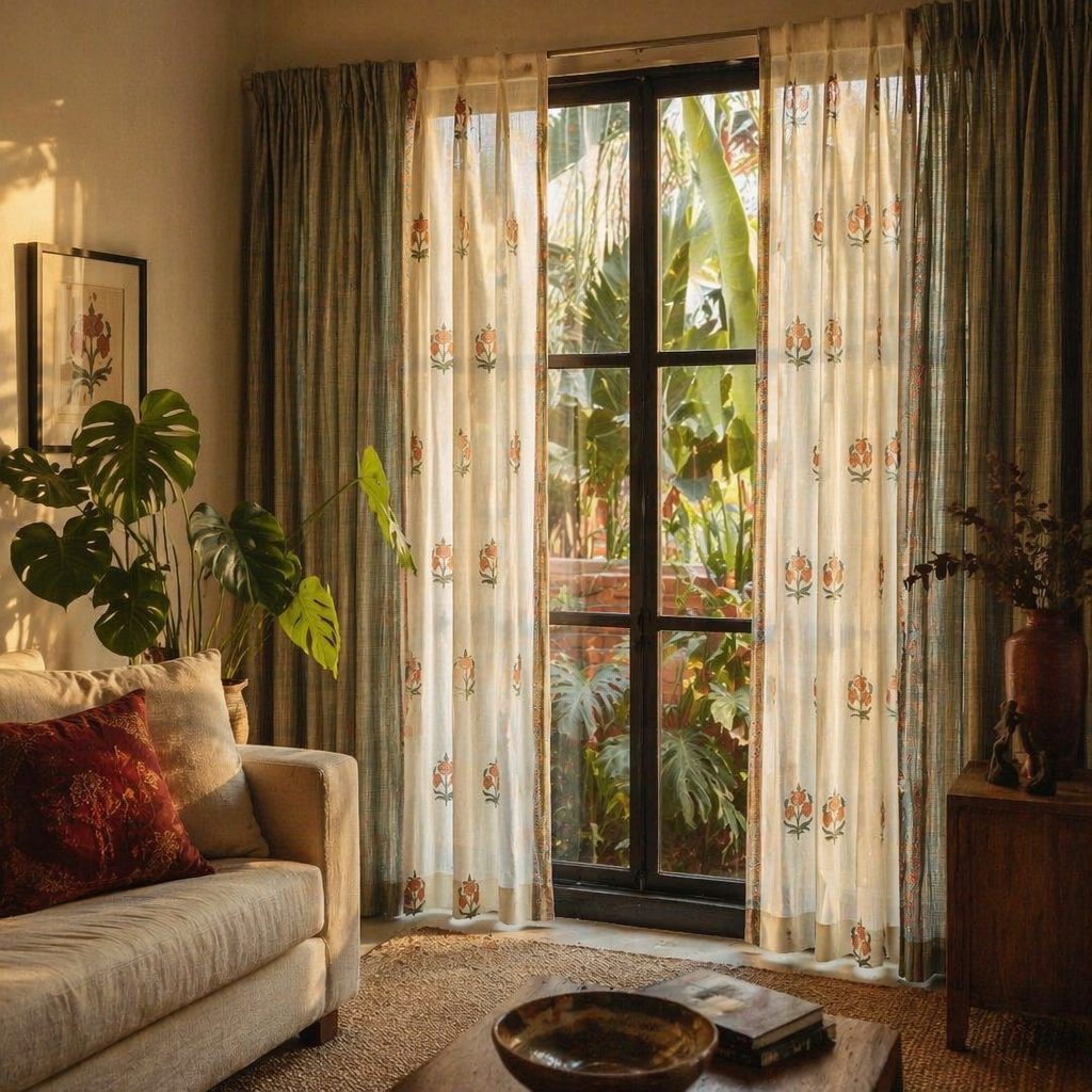 Royal Courtyards Green & Dusty Pink Woven-Sheer Set of Four, The Draped Window. Handmade in India by House of Taraasha.