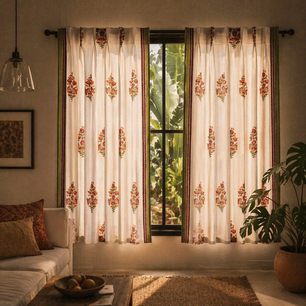 Floral Block-Print Sheer Pure Cotton Window Curtain, The Draped Window. Handmade in India by House of Taraasha.